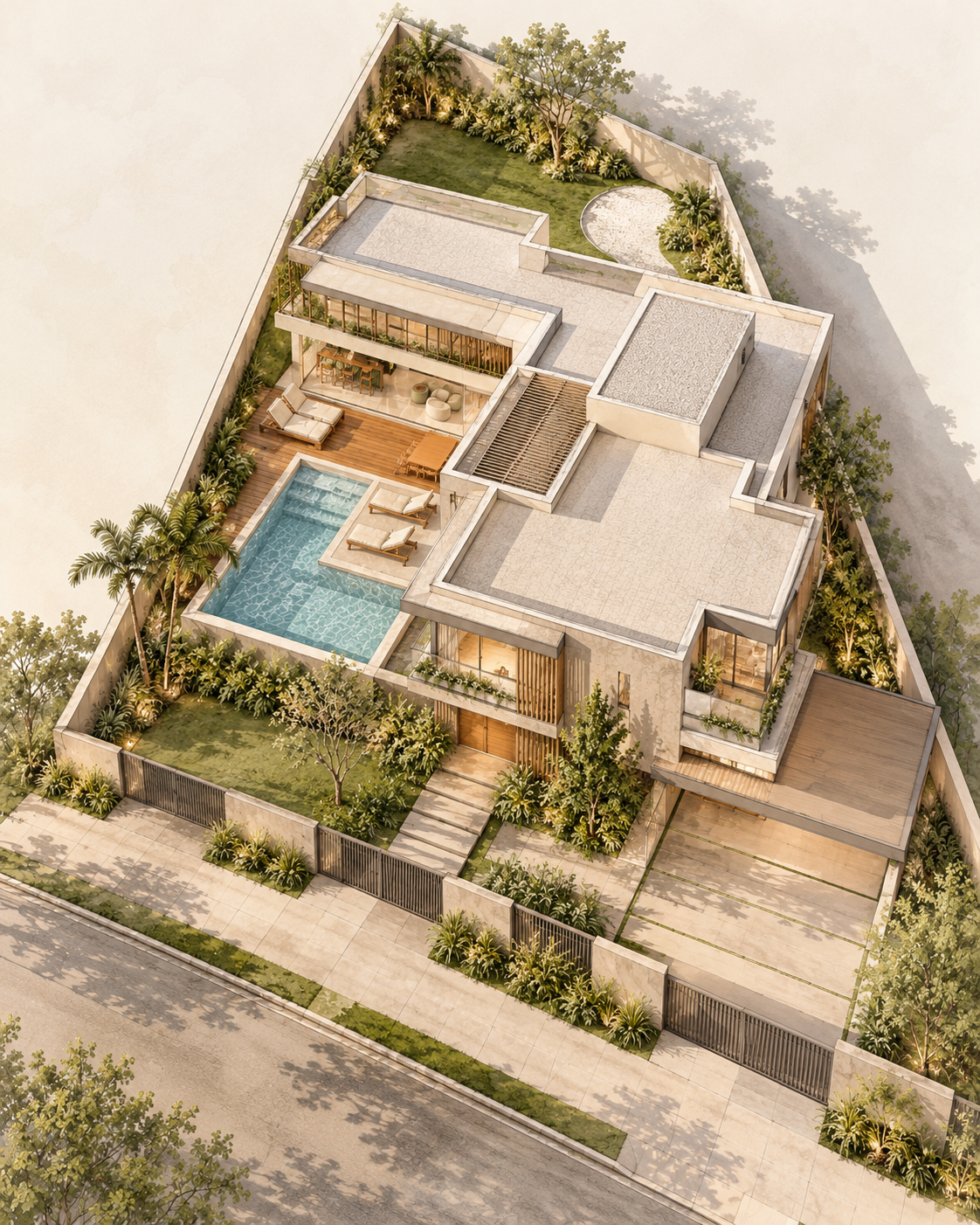 Projeto 3D da Revo: casa vista de cima, com piscina, deck de madeira e jardim